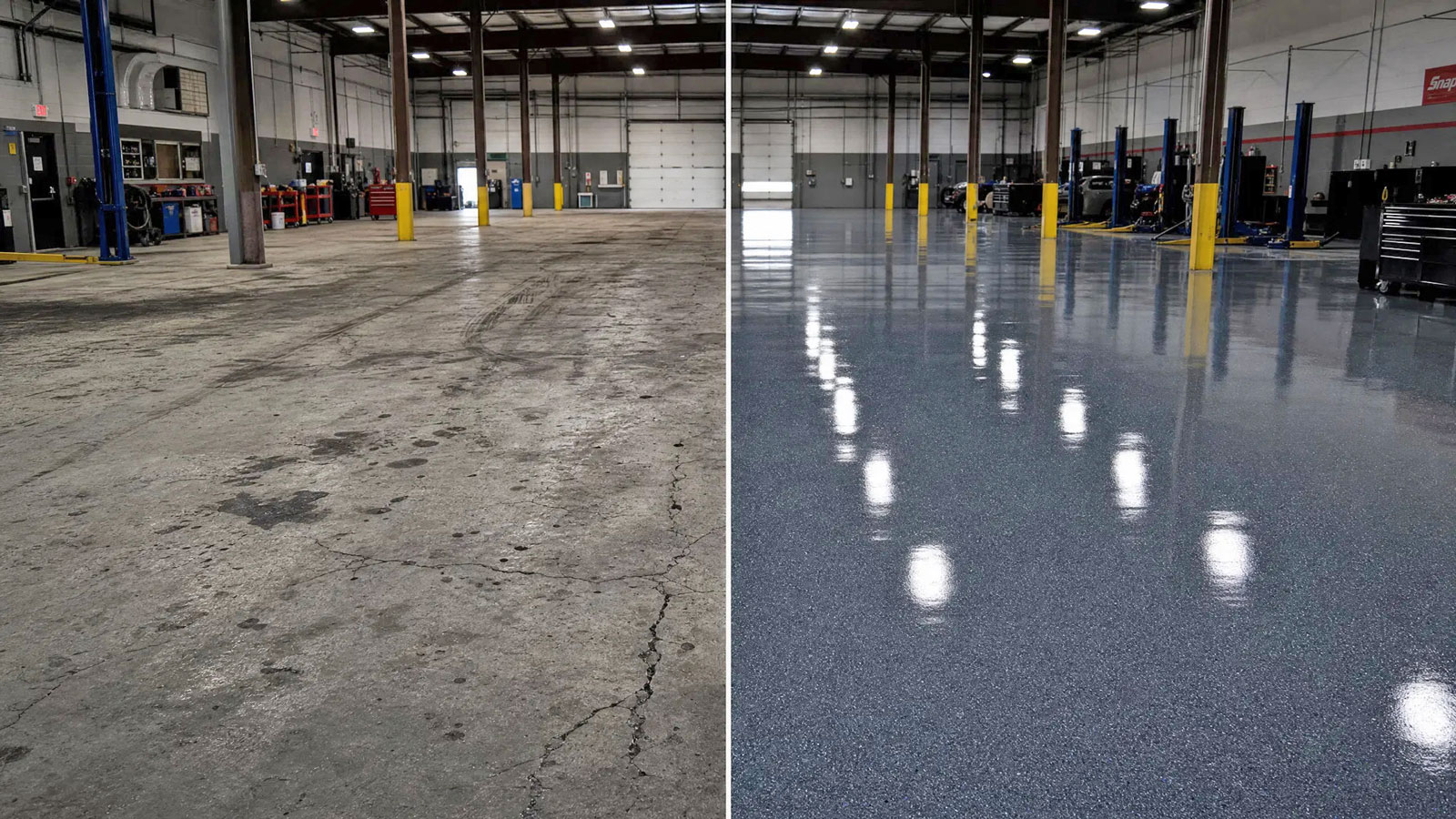 Commercial floor coating before and after — auto shop in Ankeny IA